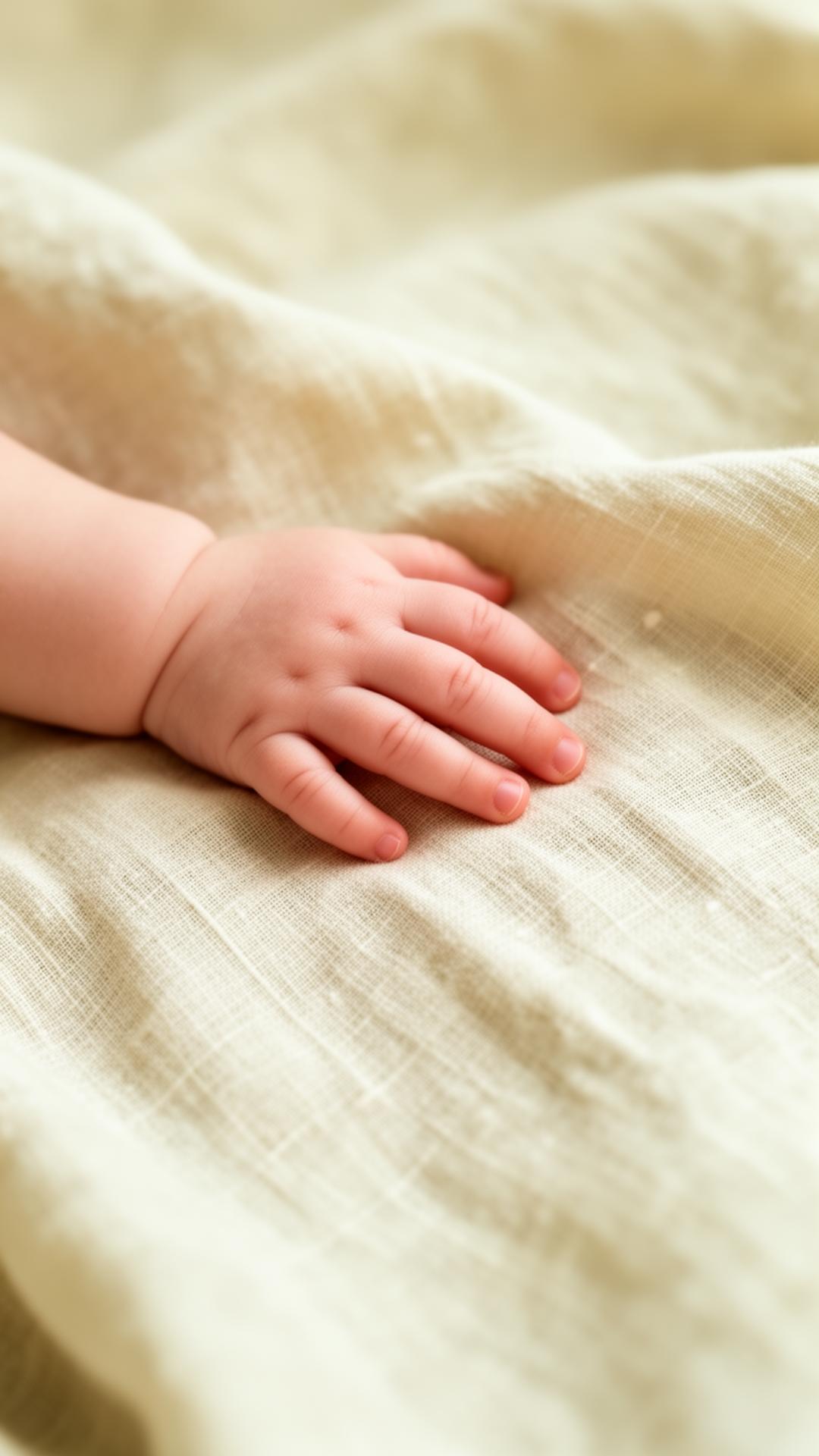 Mãozinha de bebê apoiada em manta de linho cor creme