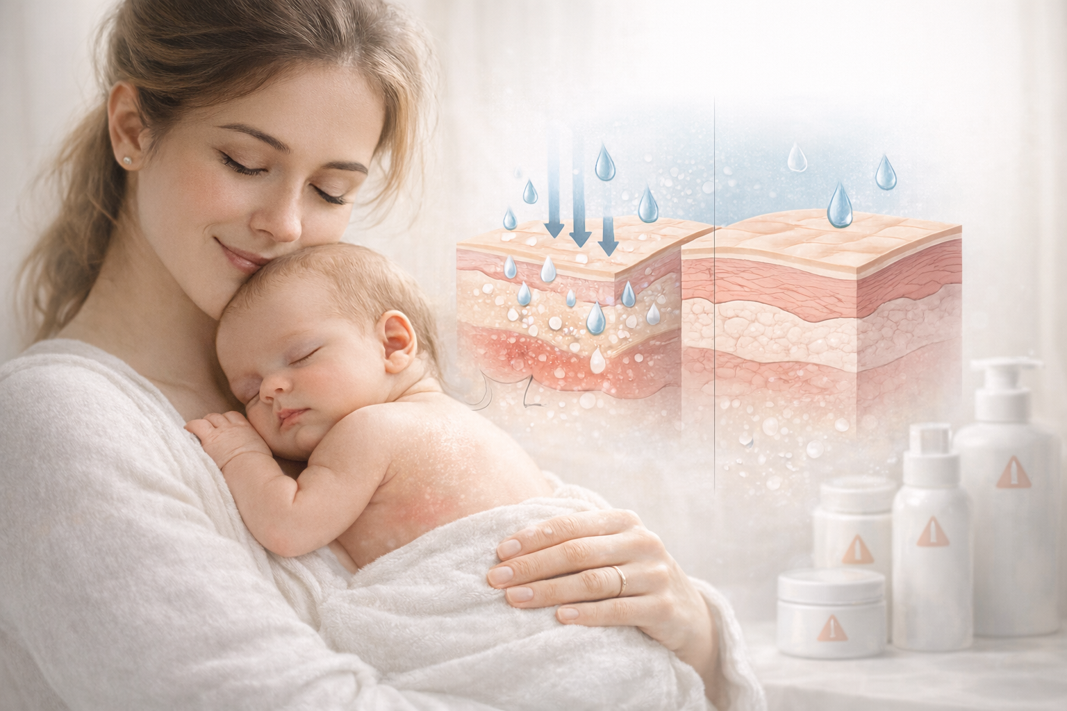 Cosméticos infantis dispostos em superfície de linho com folhas de eucalipto