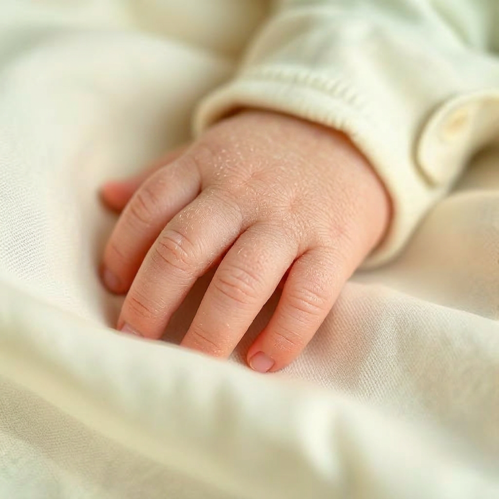 Mãozinha de bebê com pele delicada sobre tecido de linho